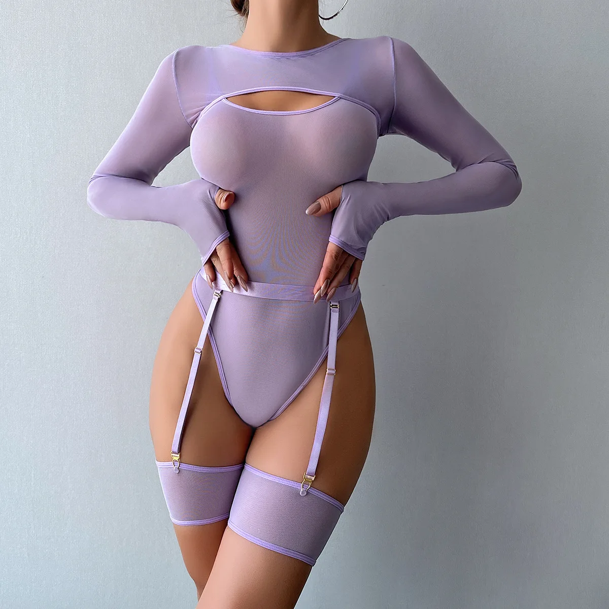 Elastic Mesh Perspective Contrasting Color Outer Cover With Long Sleeves And Camisole Jumpsuit Thin Yarn Bodysuits Women's FPL5