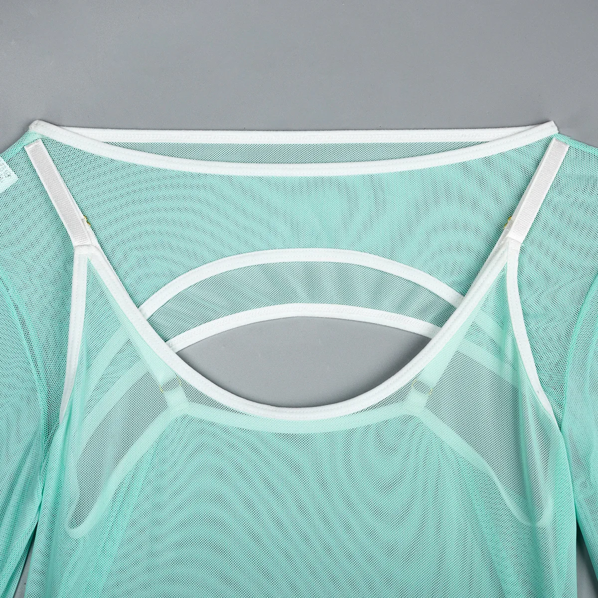 Elastic Mesh Perspective Contrasting Color Outer Cover With Long Sleeves And Camisole Jumpsuit Thin Yarn Bodysuits Women's FPL5