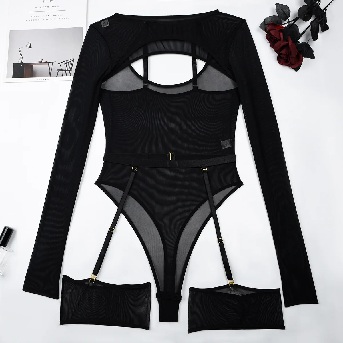 Elastic Mesh Perspective Contrasting Color Outer Cover With Long Sleeves And Camisole Jumpsuit Thin Yarn Bodysuits Women's FPL5