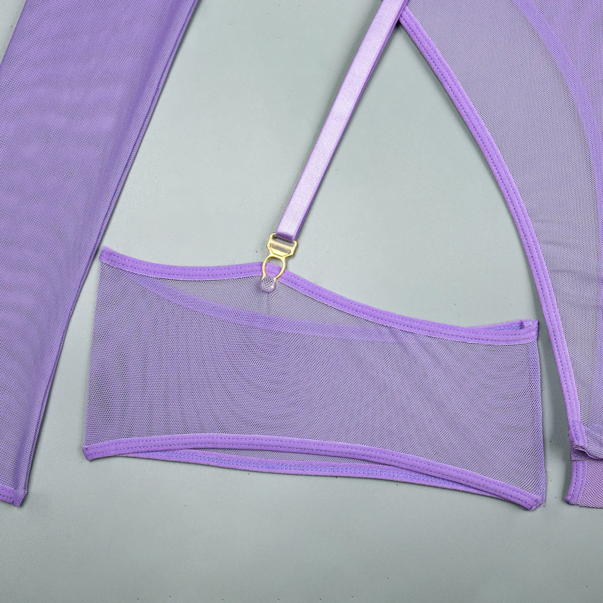 Elastic Mesh Perspective Contrasting Color Outer Cover With Long Sleeves And Camisole Jumpsuit Thin Yarn Bodysuits Women's FPL5