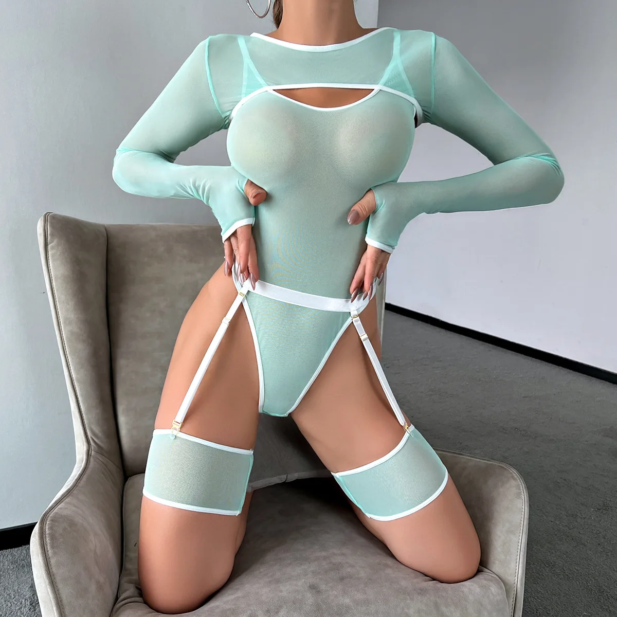 Elastic Mesh Perspective Contrasting Color Outer Cover With Long Sleeves And Camisole Jumpsuit Thin Yarn Bodysuits Women's FPL5