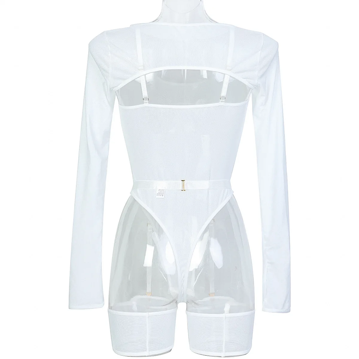 Elastic Mesh Perspective Contrasting Color Outer Cover With Long Sleeves And Camisole Jumpsuit Thin Yarn Bodysuits Women's FPL5