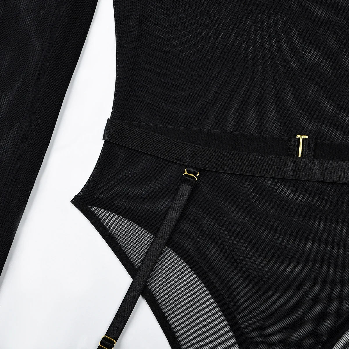 Elastic Mesh Perspective Contrasting Color Outer Cover With Long Sleeves And Camisole Jumpsuit Thin Yarn Bodysuits Women's FPL5