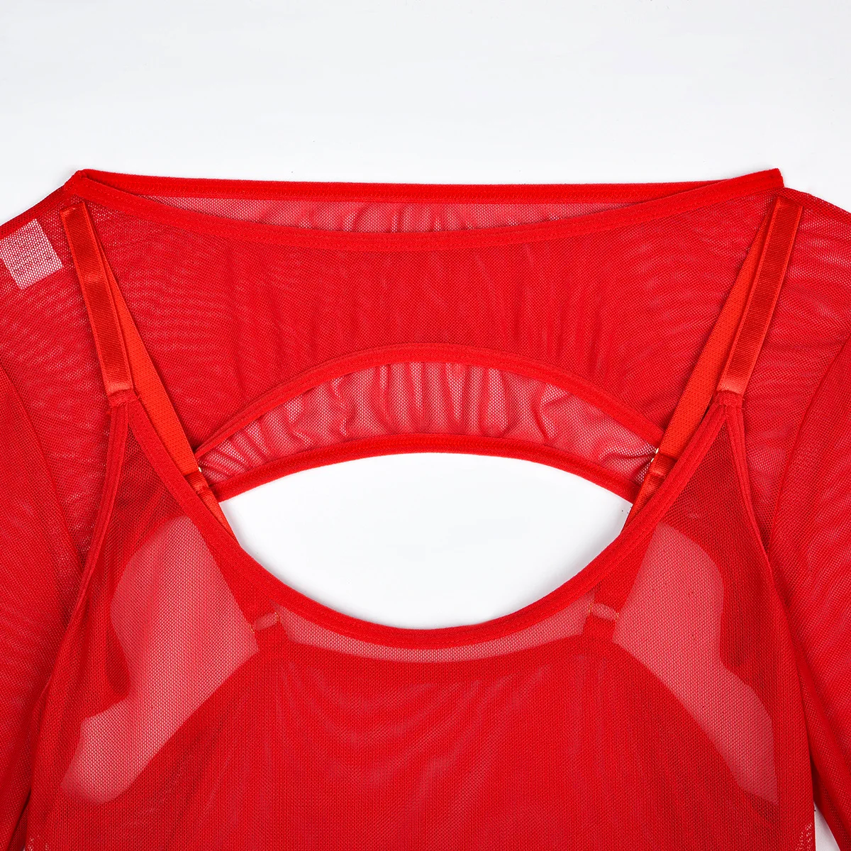 Elastic Mesh Perspective Contrasting Color Outer Cover With Long Sleeves And Camisole Jumpsuit Thin Yarn Bodysuits Women's FPL5