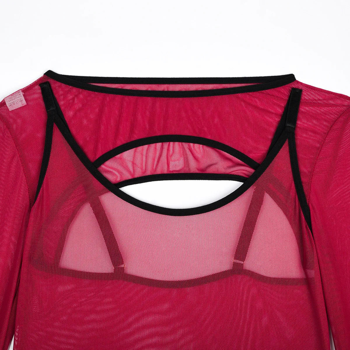 Elastic Mesh Perspective Contrasting Color Outer Cover With Long Sleeves And Camisole Jumpsuit Thin Yarn Bodysuits Women's FPL5