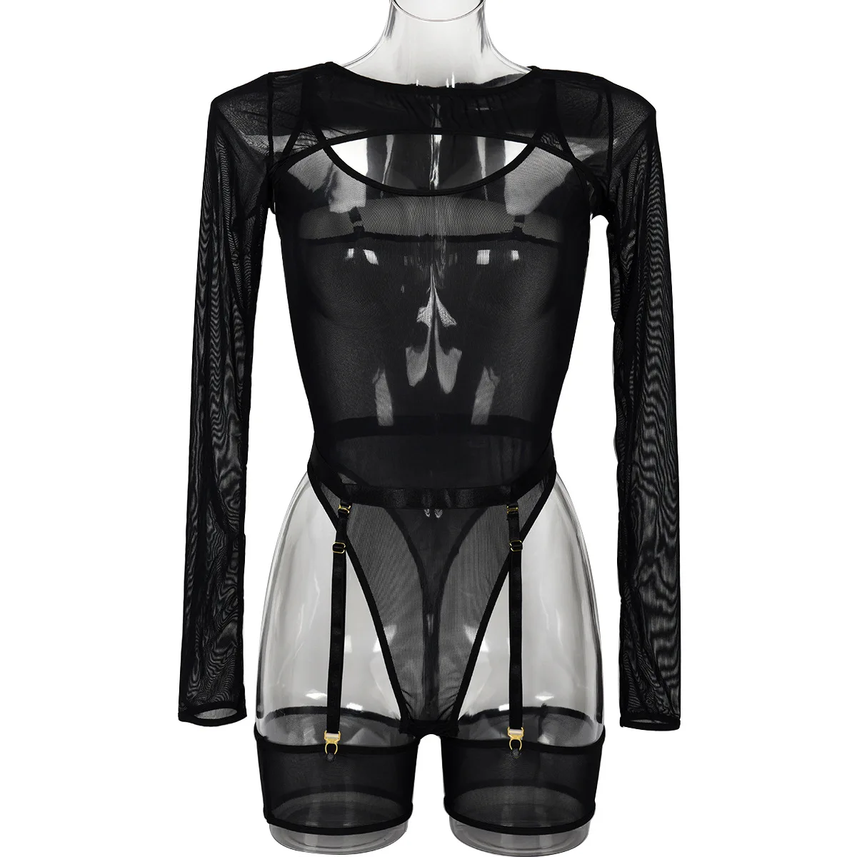 Elastic Mesh Perspective Contrasting Color Outer Cover With Long Sleeves And Camisole Jumpsuit Thin Yarn Bodysuits Women's FPL5