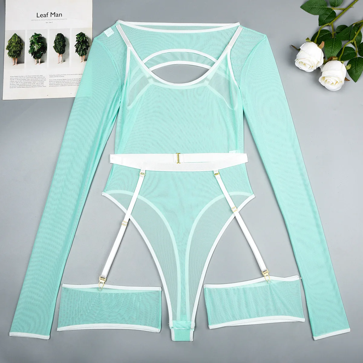 Elastic Mesh Perspective Contrasting Color Outer Cover With Long Sleeves And Camisole Jumpsuit Thin Yarn Bodysuits Women's FPL5