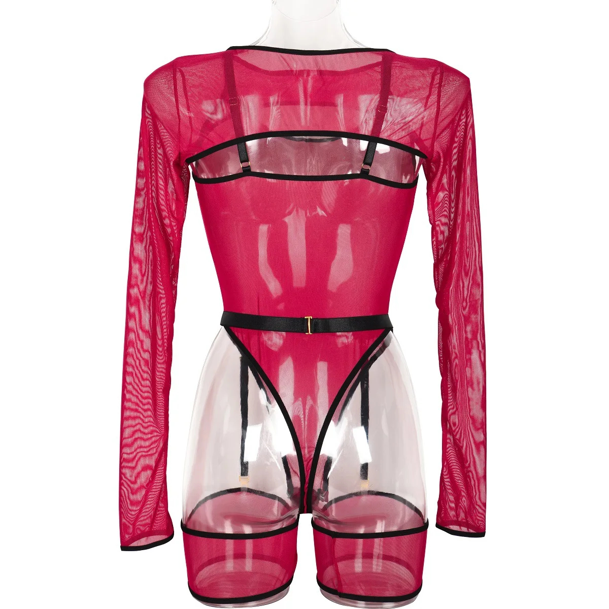 Elastic Mesh Perspective Contrasting Color Outer Cover With Long Sleeves And Camisole Jumpsuit Thin Yarn Bodysuits Women's FPL5