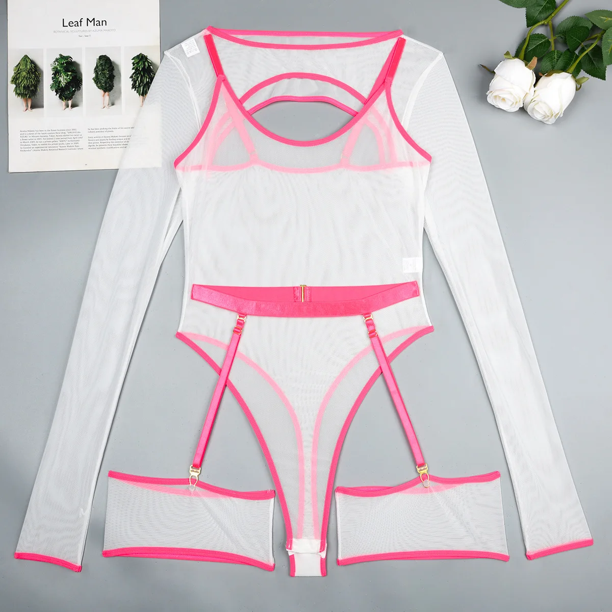 Elastic Mesh Perspective Contrasting Color Outer Cover With Long Sleeves And Camisole Jumpsuit Thin Yarn Bodysuits Women's FPL5