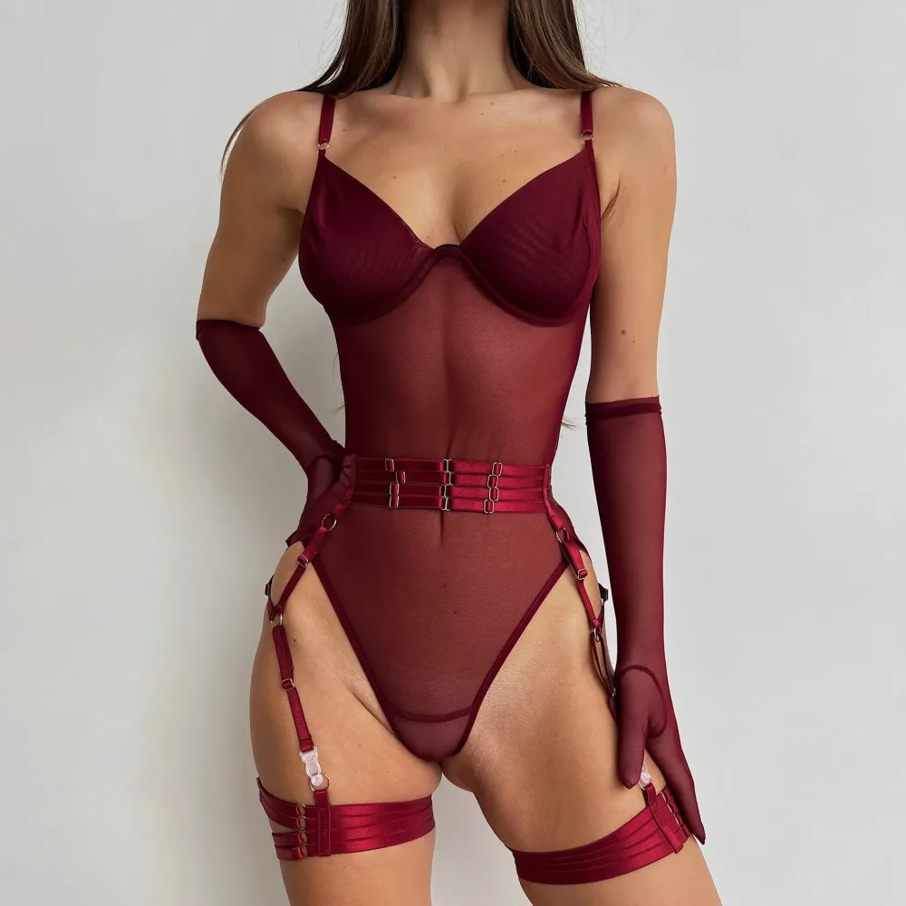 Body de malha transparente vinho vestido com cinta-liga e luvas