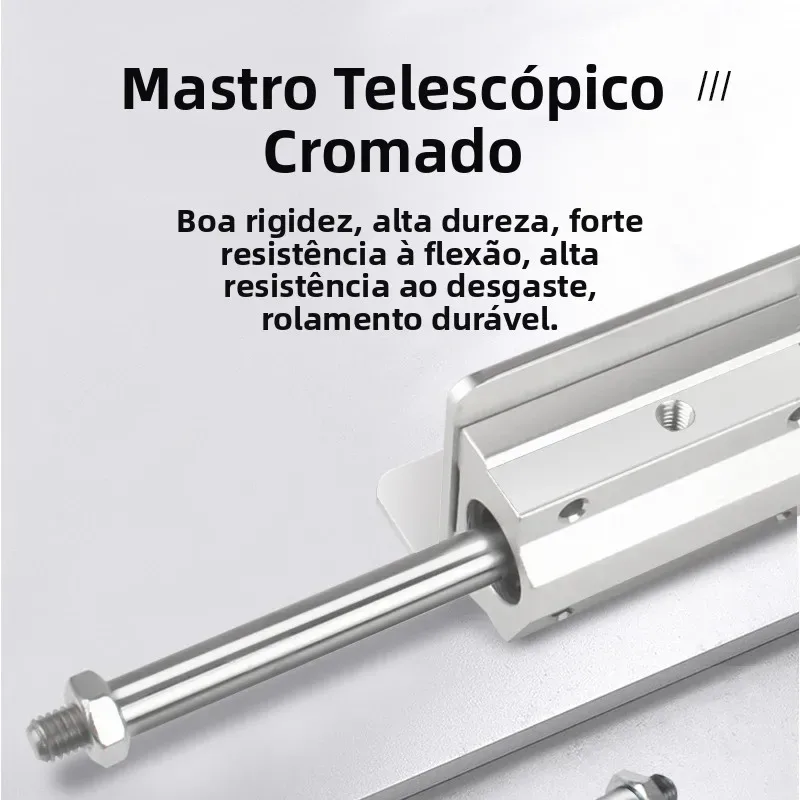 Detalhe do mastro telescópico cromado da máquina de sexo, com rosca na ponta