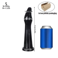 Plug anal grande preto tamanho S com 31 cm ao lado de uma lata