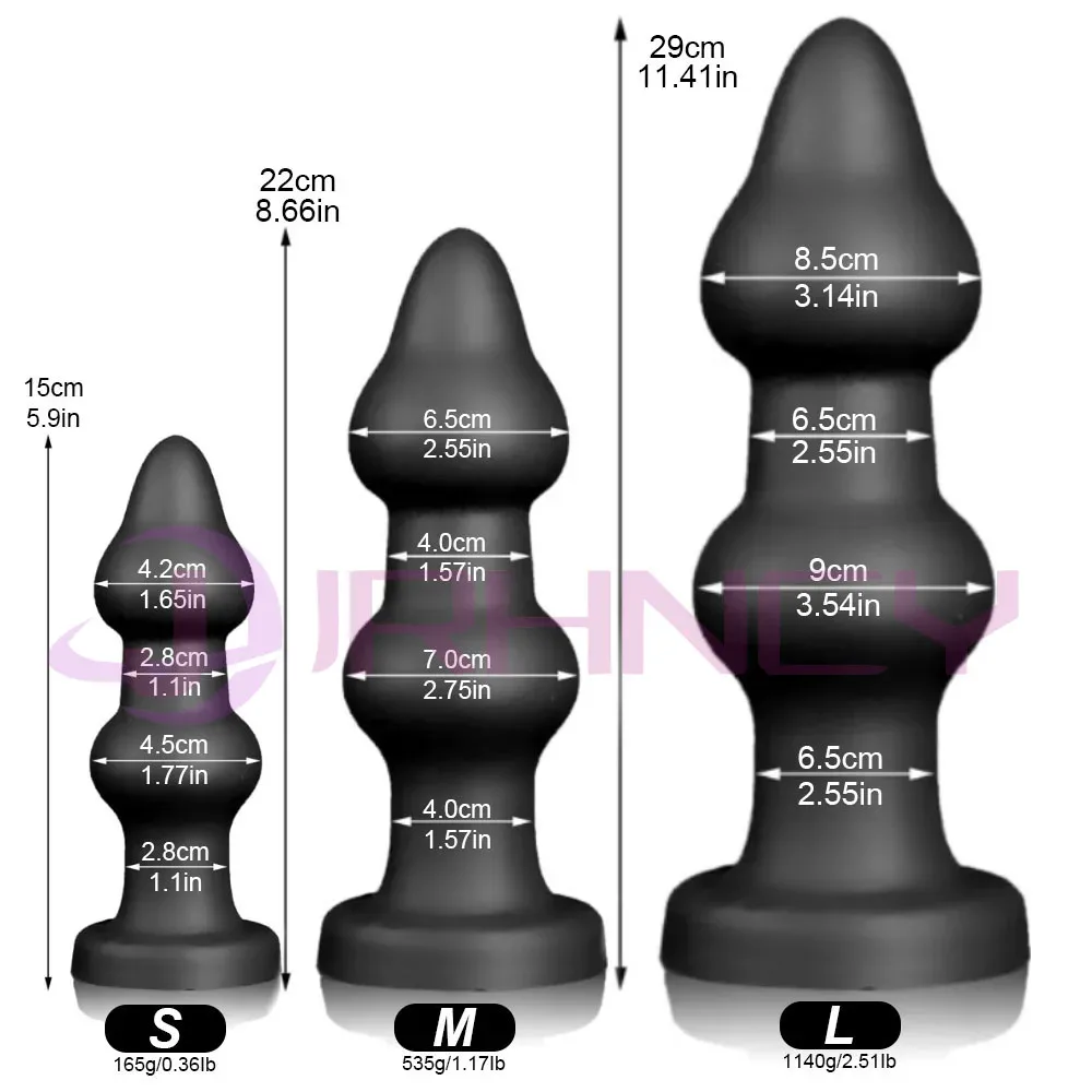 Diagrama de medidas do plug anal beads: S 15 cm e 165 g, M 22 cm e 535 g, L 29 cm e 1140 g