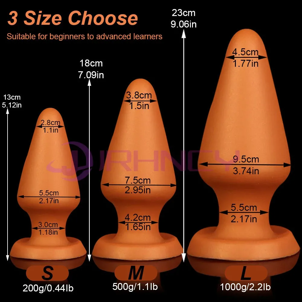 Diagrama de medidas do plug anal cone: S 13 cm e 200 g, M 18 cm e 500 g, L 23 cm e 1000 g