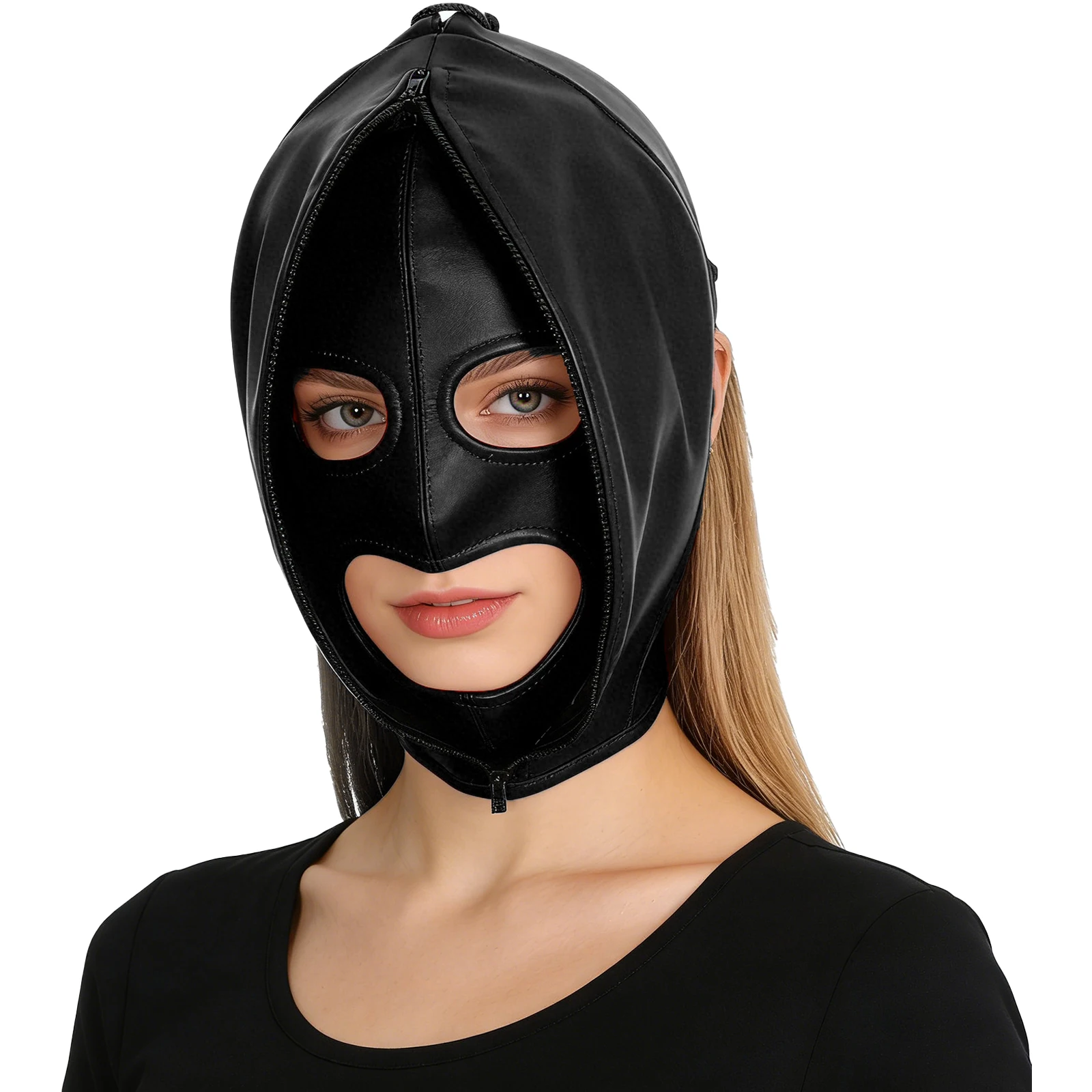 Capuz Máscara Facial Couro Zíper Ajustável Bondage - Imagem 2