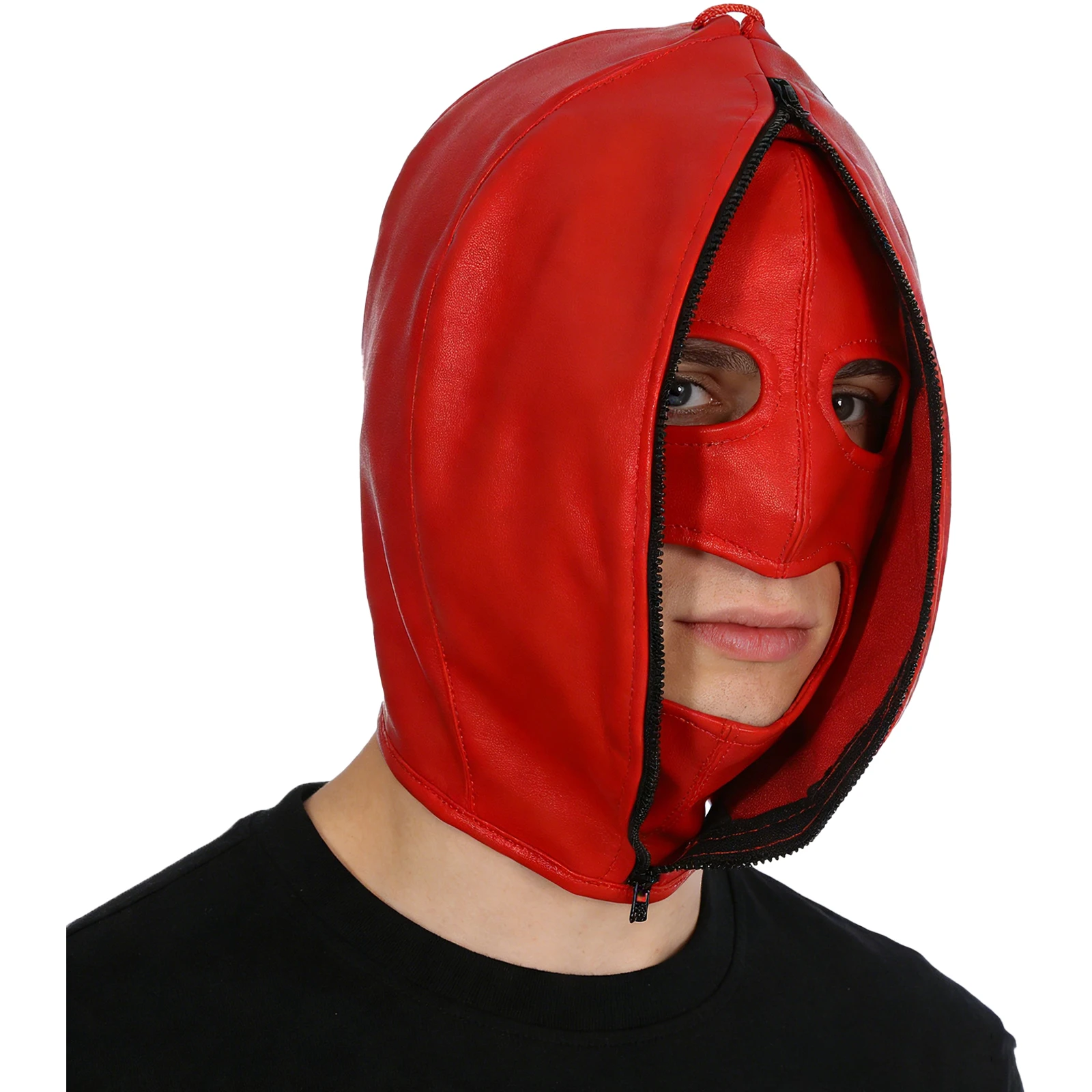 Capuz Máscara Facial Couro Zíper Ajustável Bondage - Imagem 3