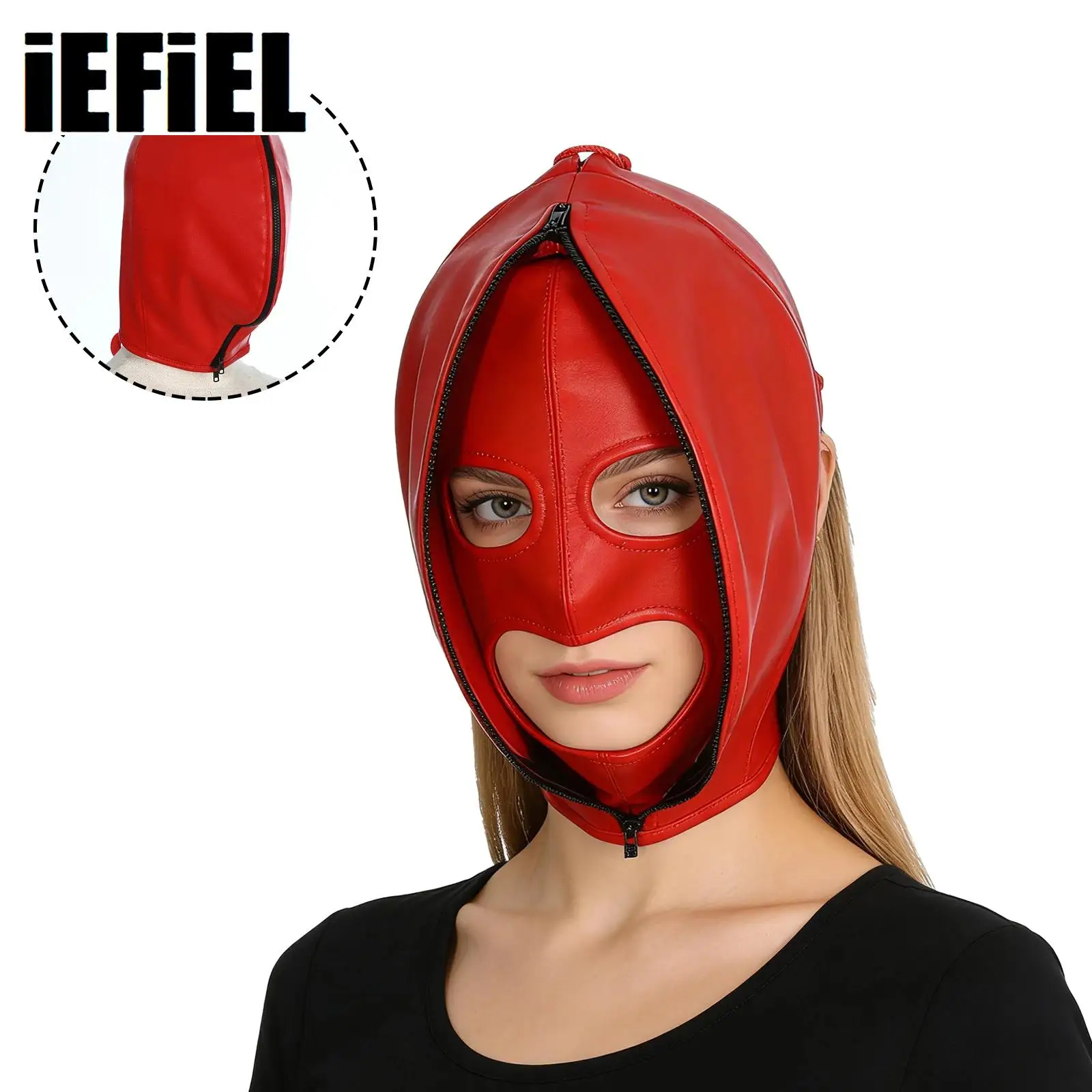 Capuz Máscara Facial Couro Zíper Ajustável Bondage