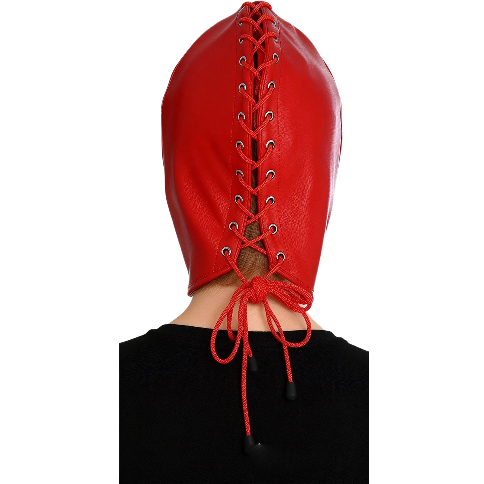 Cadarço ajustável na nuca do capuz de couro bondage