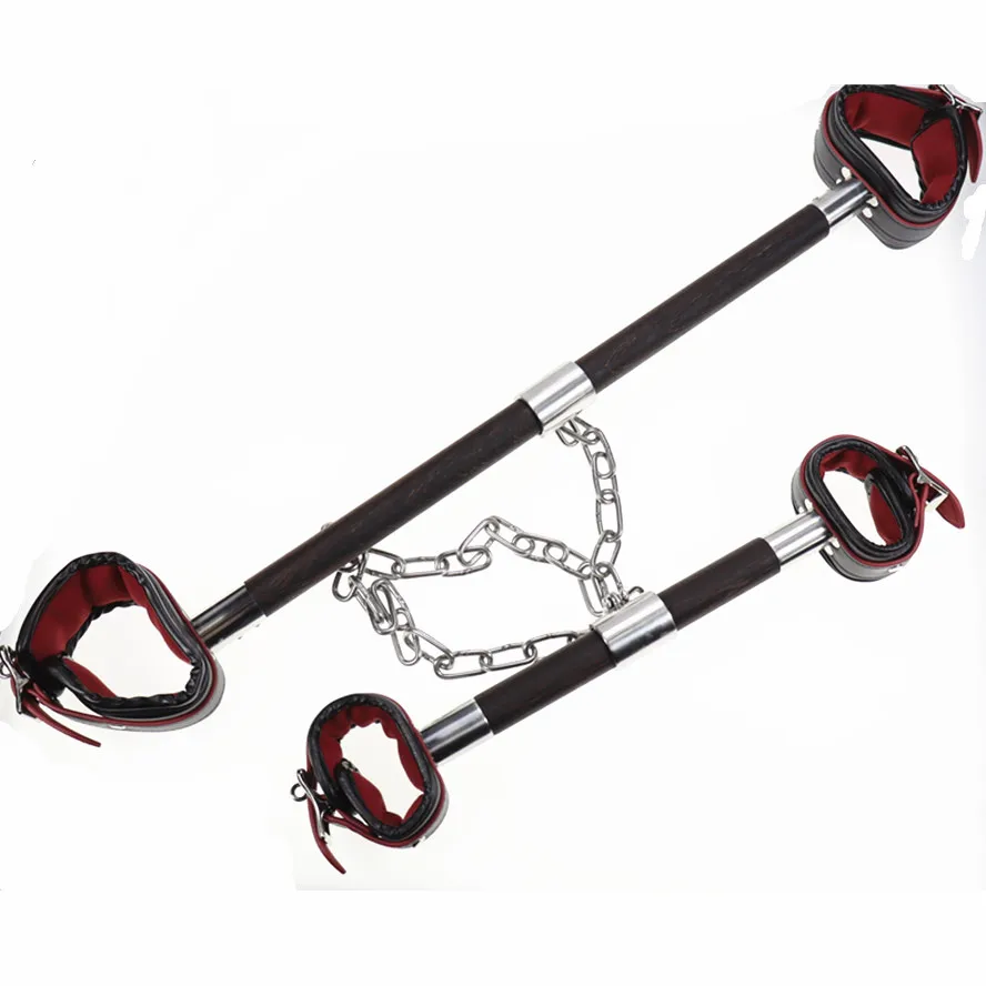 Spreader Bar Dupla de Madeira Algemas Tornozeleiras Couro Cadeado - Imagem 2