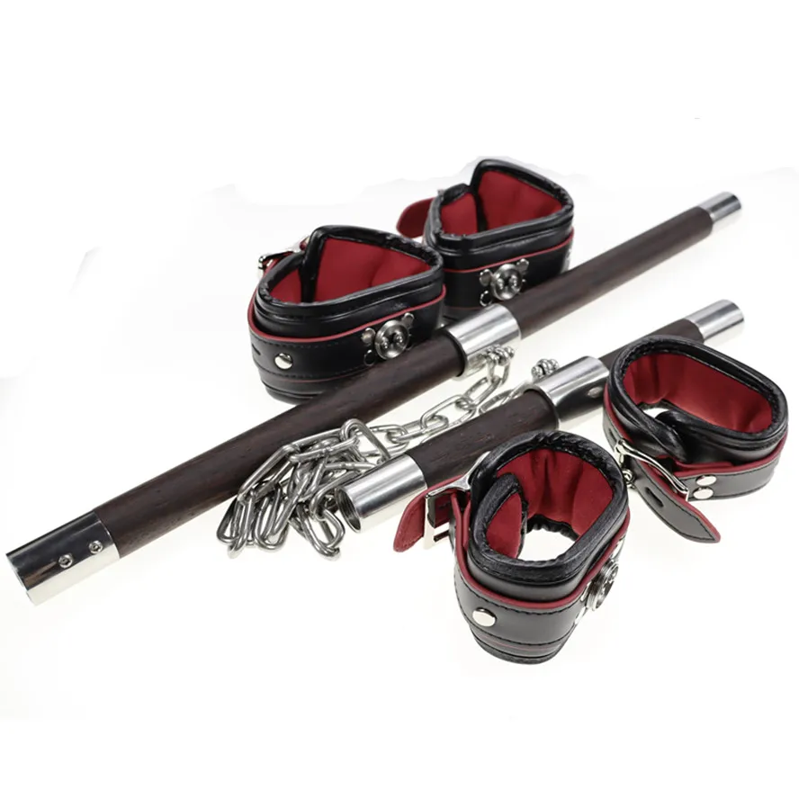Spreader Bar Dupla de Madeira Algemas Tornozeleiras Couro Cadeado - Imagem 3