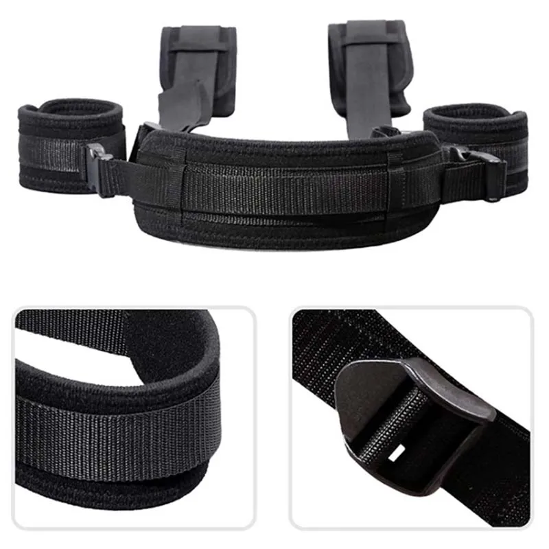 Detalhe da fivela de liberação rápida e do fecho de velcro do arnês bondage