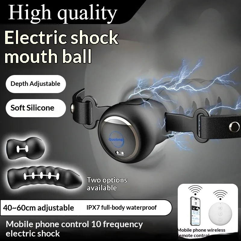 Mordaça de choque elétrico com controle pelo celular e controle remoto sem fio, IPX7 e tira de 40 a 60 cm