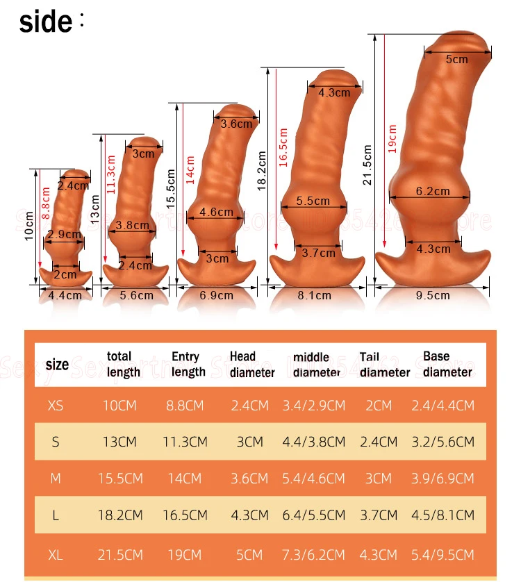 Tabela de tamanhos do dildo anal cachorro XS ao XL com comprimento e diâmetros em cm