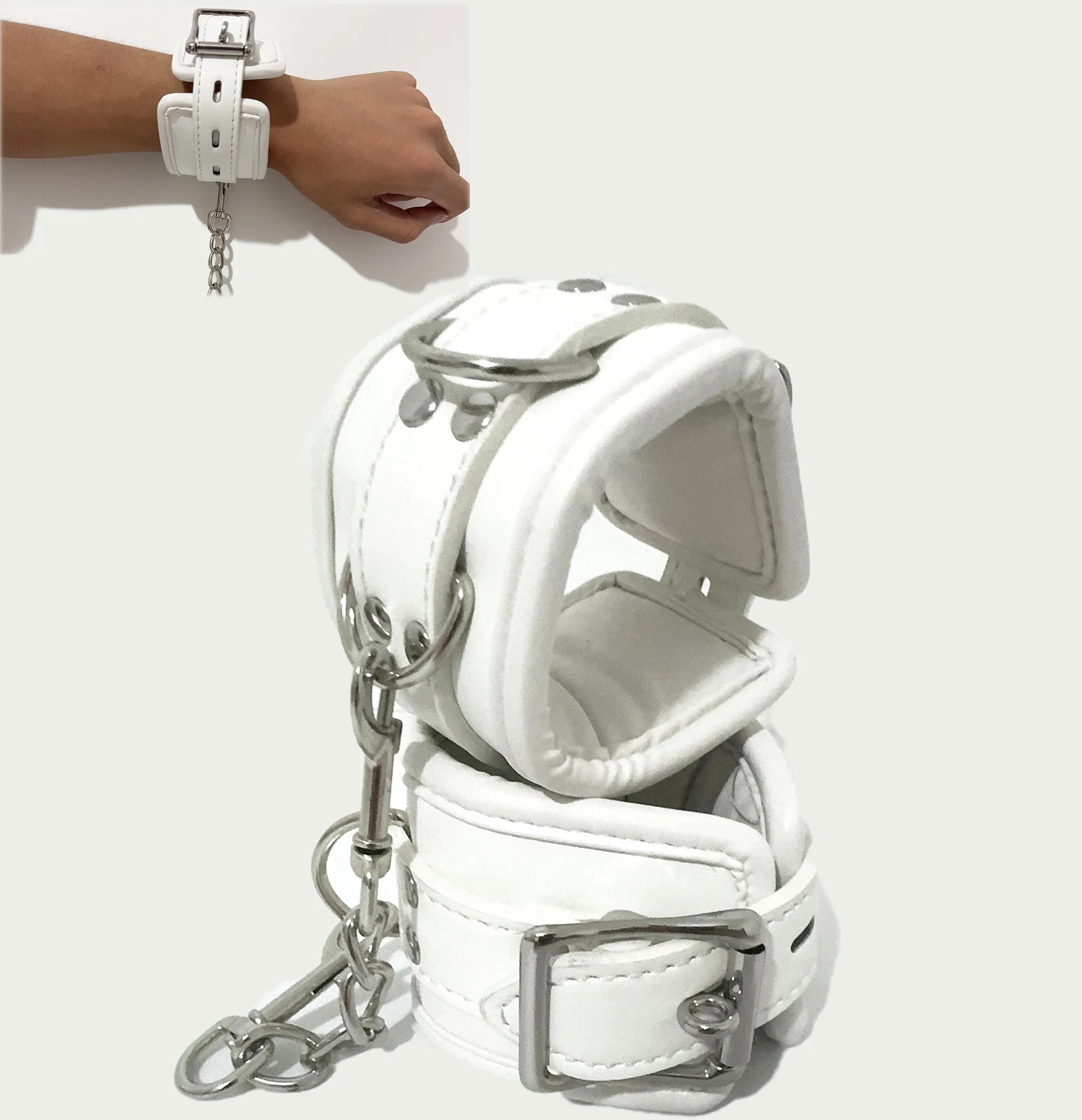 Kit Bondage Branco Acolchoado Coleira Guia Algemas Tornozeleiras Couro - Imagem 4