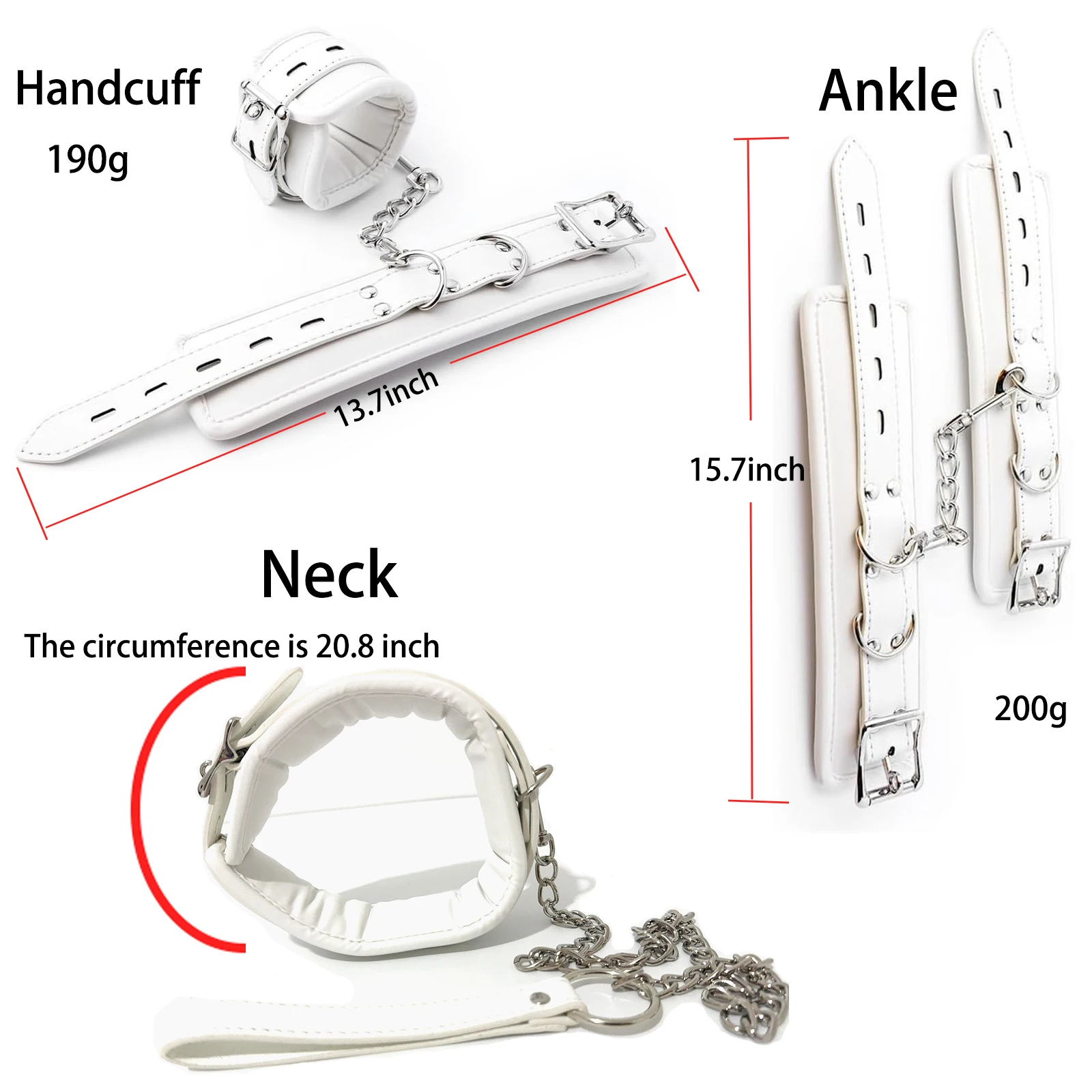 Kit Bondage Branco Acolchoado Coleira Guia Algemas Tornozeleiras Couro - Imagem 3