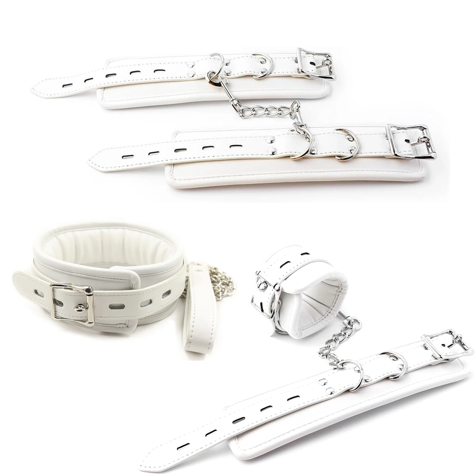 Kit Bondage Branco Acolchoado Coleira Guia Algemas Tornozeleiras Couro