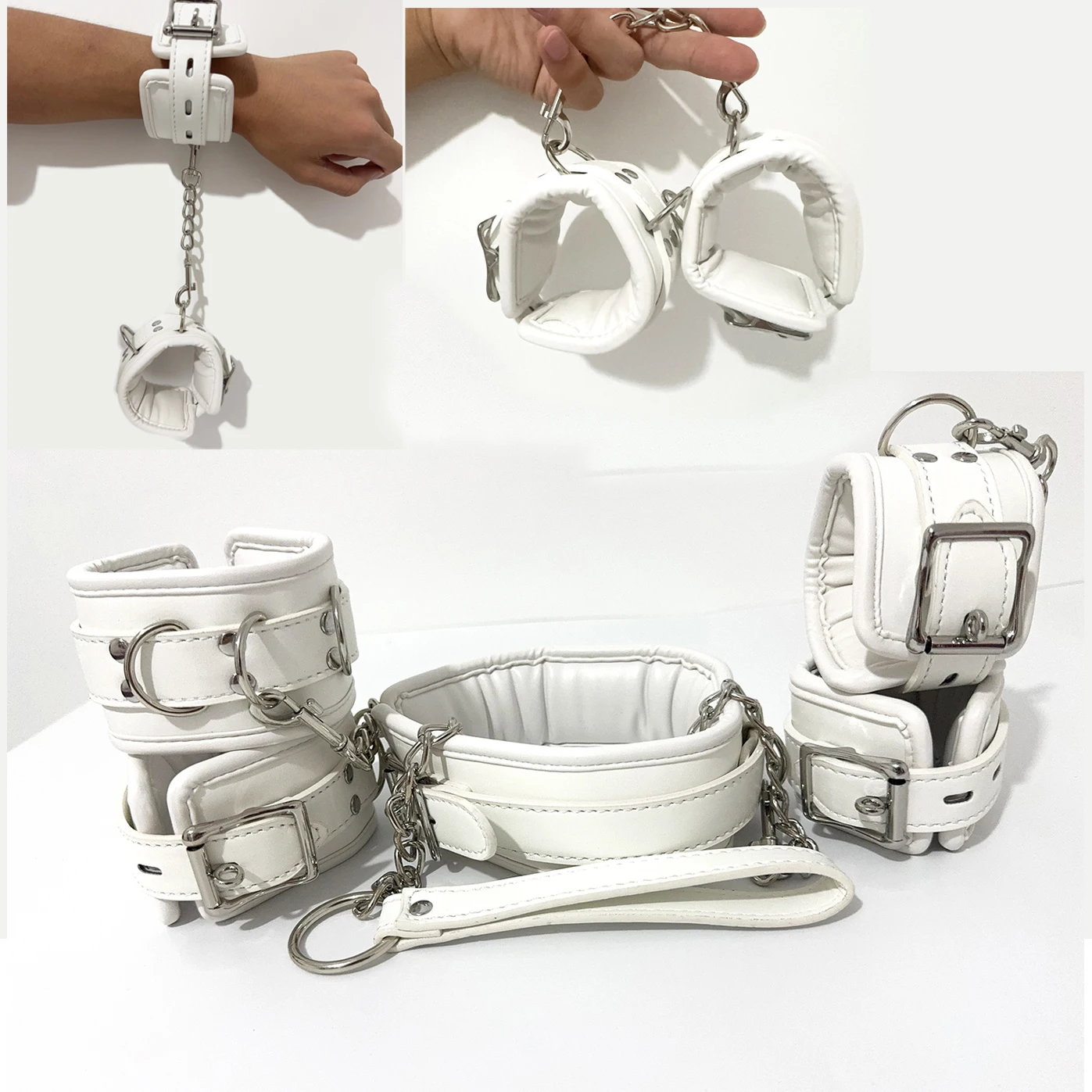 Kit Bondage Branco Acolchoado Coleira Guia Algemas Tornozeleiras Couro - Imagem 2