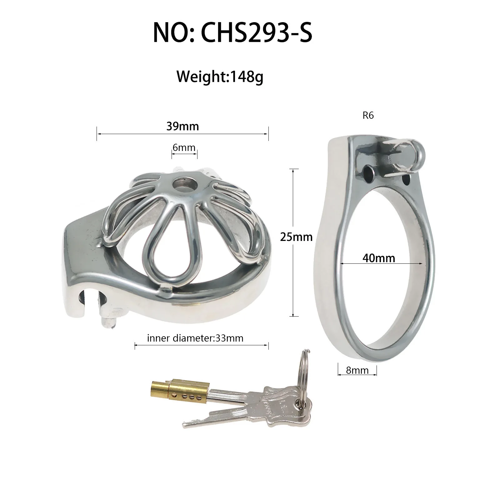 Medidas da micro gaiola de castidade CHS293 e do anel base R6 de 40 mm