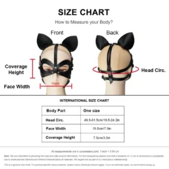 Tabela de medidas da máscara de gato: cabeça de 49,5 a 61,5 cm, painel de 19 cm e cobertura de 7,5 cm