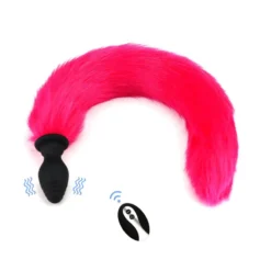 Plug anal de silicone preto com cauda de raposa pink e controle remoto