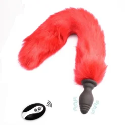 Plug anal de silicone preto com cauda de raposa vermelha
