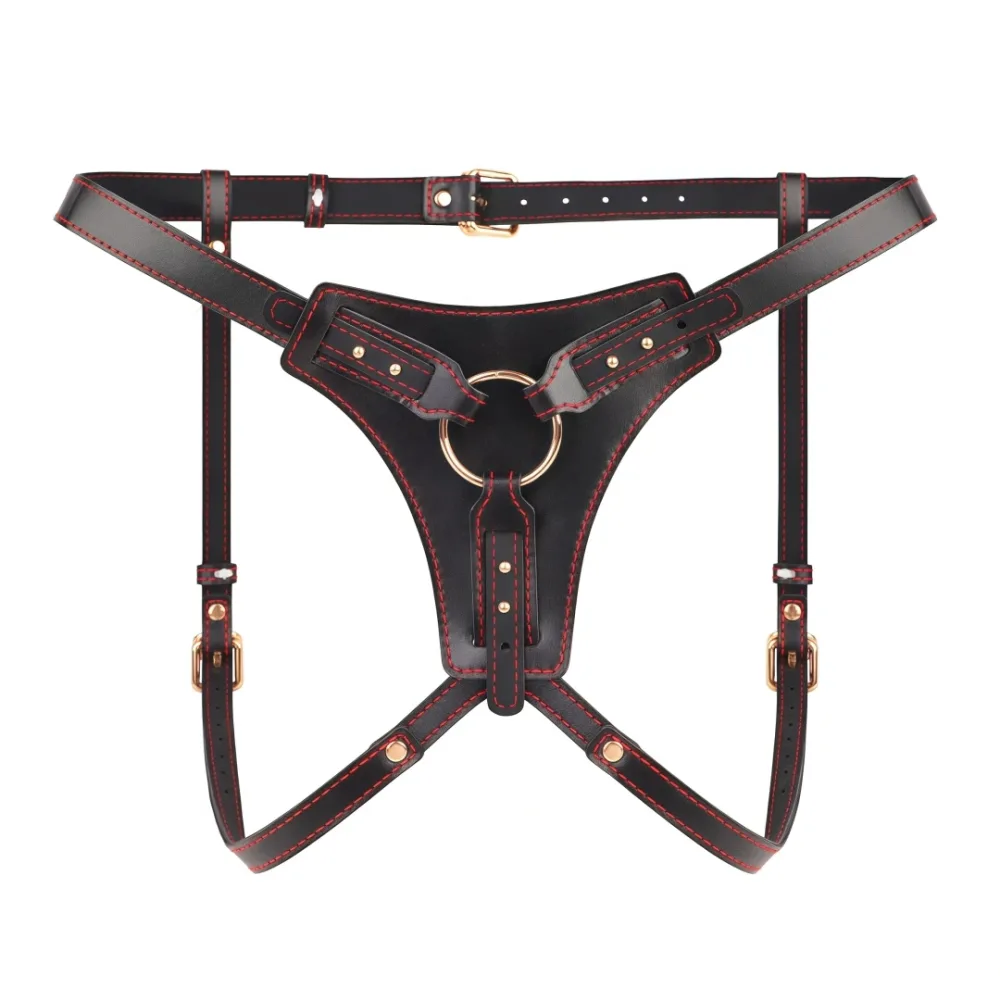 Cinta strapon Crimson Harness modelo high-end em couro preto com costura vermelha e ferragem dourada