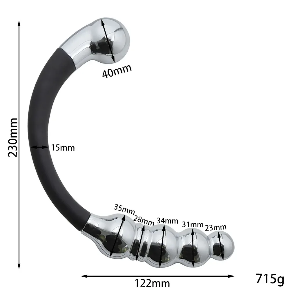 Medidas do dildo de aço inox: 23 cm de altura, cabeça de 40 mm e esferas de 35 a 23 mm