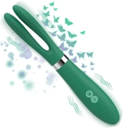 Vibrador clitoriano duplo verde com duas hastes flexiveis texturizadas e anel prateado