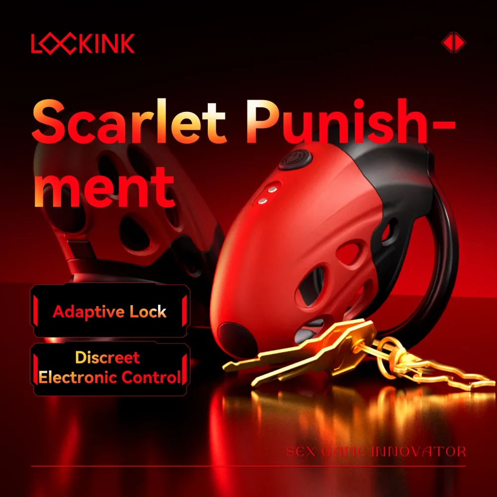 Gaiola de castidade elétrica LOCKINK nas cores vermelho e preto, com o molho de chaves