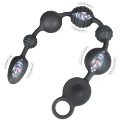 Cordão anal vibratório Vértebra em silicone preto, com seis esferas de diâmetros alternados e anel de puxar