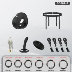 Kit base preto com gaiola vibratória, cinta de quadril, seis anéis, plug peniano, cadeado e chaves