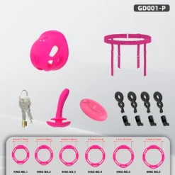 Kit base rosa com gaiola vibratória, cinta de quadril, seis anéis, plug peniano, cadeado e chaves