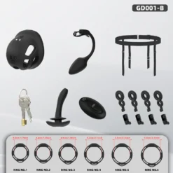 Kit completo preto com gaiola, plug anal vibratório em haste flexível, cinta, anéis, chaves e controle
