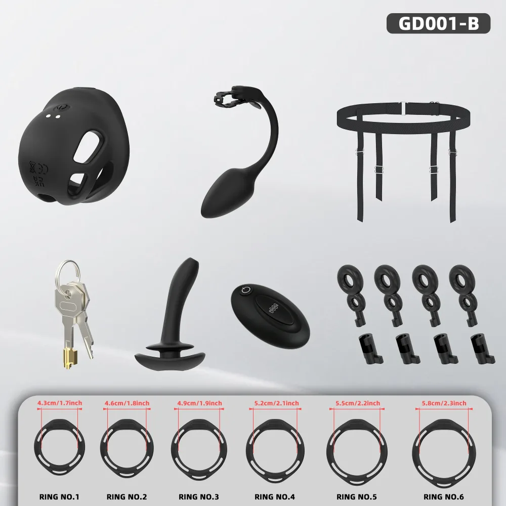 Kit completo preto com gaiola, plug anal vibratório em haste flexível, cinta, anéis, chaves e controle