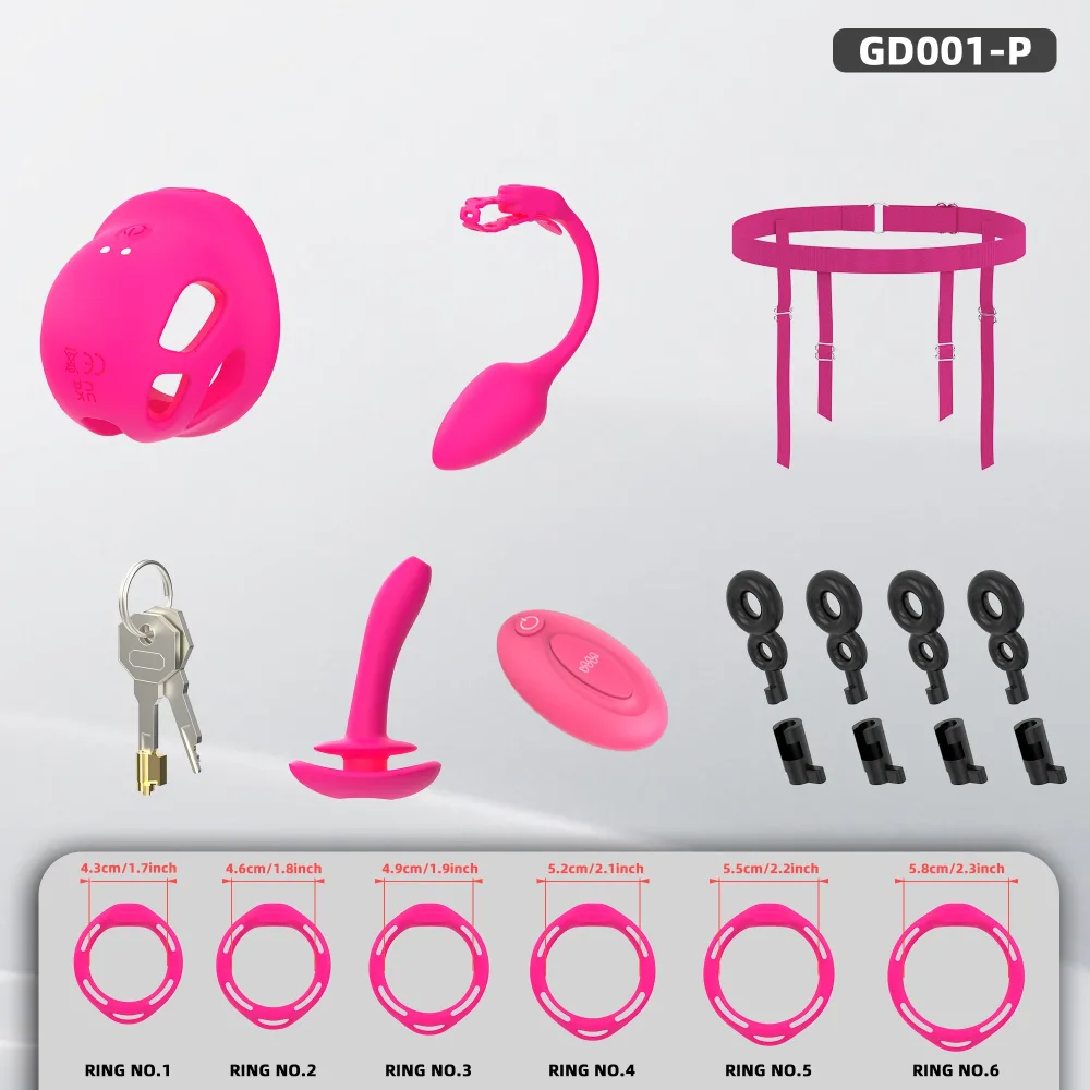 Kit completo rosa com gaiola, plug anal vibratório em haste flexível, cinta, anéis, chaves e controle