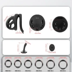Medidas da gaiola de 5,6 cm, do plug peniano de 4,7 cm e dos seis anéis de 4,3 a 5,8 cm