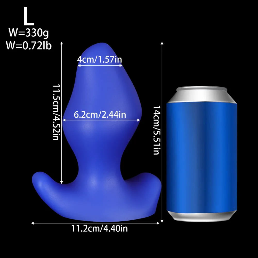 Plug anal Cobalt tamanho G, 14 cm e 6,2 cm de diâmetro, ao lado de uma lata