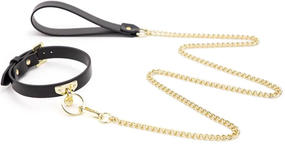 Conjunto completo com a coleira preta de O-ring dourado e a guia de corrente dourada com alça