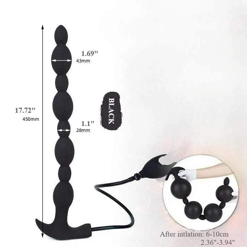 Medidas do Colosso preto: 45 cm de comprimento, contas de 43 mm, pescoço de 28 mm, inflado de 6 a 10 cm