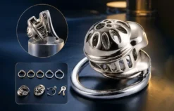 Gaiola de castidade vazada em aço inox mostrando a estrutura aberta que deixa o ar circular